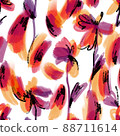 Watercolor abstract flowers. Floral sketch brush strokes seamless pattern. Outline drawing. Blurred botanical ornament. Fashionable design for fabric and textile. Paint texture. 88711614