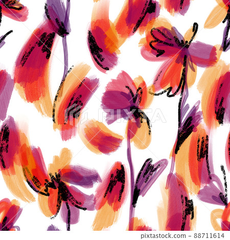 Watercolor abstract flowers. Floral sketch brush strokes seamless pattern. Outline drawing. Blurred botanical ornament. Fashionable design for fabric and textile. Paint texture. 88711614