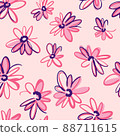 Bright spring nature background. Ditsy seamless pattern made of artistic meadow daisy flowers. Petals and buds. Felt tip pen. Outline flat sketch drawing. 88711615