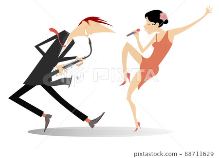 Saxophonist man and singer woman illustration.  Man plays saxophone and singer woman sings to microphone with great inspiration isolated on white background 88711629