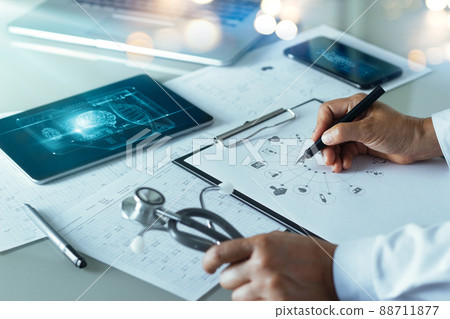 Healthcare and medical, Doctor checking. analysis and record healthcare data on icon cycle and network on tablet. Medicine.  Innovation and Medical technology. 88711877