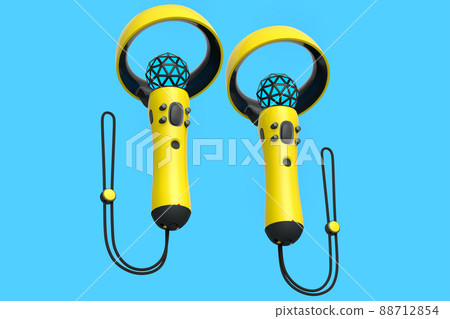 Virtual reality yellow controllers for online and cloud gaming on blue background. 3D rendering of device for augmented reality or VR Virtual reality yellow controllers for online and cloud gaming on blue background. 3D rendering of device for augmented reality or VR 88712854