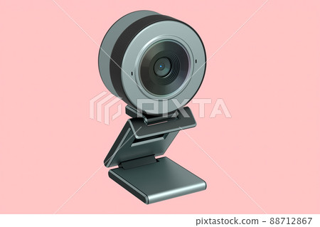 Webcam staying on stand isolated on pink background. 3D rendering of security web camera for online video chat and conference Webcam staying on stand isolated on pink background. 3D rendering of security web camera for online video chat and conference 88712867