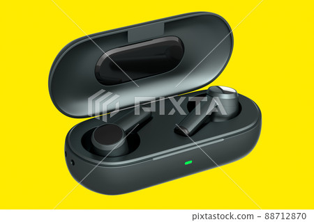 3D rendering of wireless earphones in base box on yellow background. Concept of headphones for workouts or listening streaming services 3D rendering of wireless earphones in base box on yellow background. Concept of headphones for workouts or listening streaming services 88712870