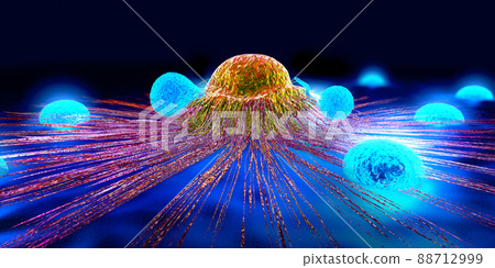 Lymphocytes cell in the immune system reacting and attacking a spreading cancer cell - 3d illustration 88712999