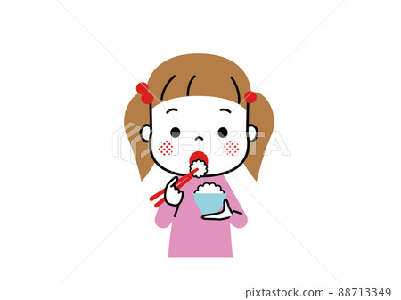 A girl who opens her big mouth and carries the rice in a bowl to her mouth with chopsticks 88713349