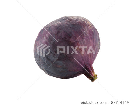Purple fig isolated on white with copy space for text or images. Soft, sweet fruit, skin is very thin, has many small seeds inside of it. Close-up. 88714149