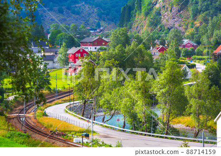 Norway village with colorful house landscape 88714159