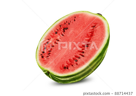 Half of green, striped watermelon isolated on white with copy space for text, images. Cross-section. Berry with pink flesh, black seeds. Close-up. 88714437