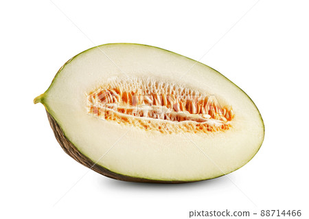 Half of delicious green tendral melon in cross-section, isolated on white background with copy space for text or images. Side view. Close-up shot. Half of delicious green tendral melon in cross-section, isolated on white background with copy space for text or images. Side view. Close-up shot. 88714466