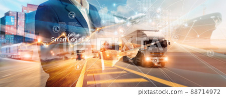 Smart logistics and transportation. Businessman use tablet and analyzing on logistic global network distribution on world map background. Technology. Business of transport and industrial. Smart logistics and transportation. Businessman use tablet and analyzing on logistic global network distribution on world map background. Technology. Business of transport and industrial. 88714972