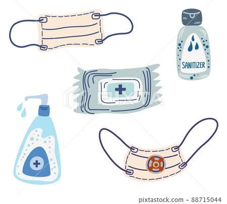 Disinfection items. Protection items sanitizer, wipes, mask, respirator, spray, soap. Personal protection from infection. Vector cartoon illustrations set. Disinfection items. Protection items sanitizer, wipes, mask, respirator, spray, soap. Personal protection from infection. Vector cartoon illustrations set. 88715044