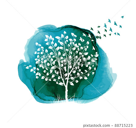 Tree on watercolor stain with flying birds. Vector illustration 88715223