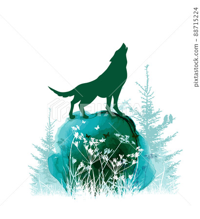 The wolf howls in the forest on a stone. Vector illustration The wolf howls in the forest on a stone. Vector illustration 88715224