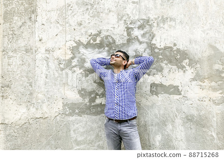 Portrait of happy handsome bearded young man in checkered blue shirt and sunglasses standing against concrete gray wall. holding his head and looking away with pondering dreaming face and smiling. 88715268