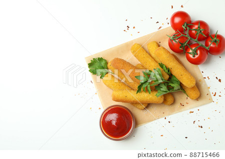 Concept of tasty food with cheese sticks on white background 88715466