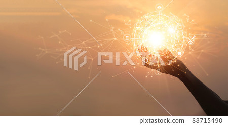 Businessman holding global network and connecting data of customers with business on the internet, Banking, financial and digital marketing, Social network connection. 88715490