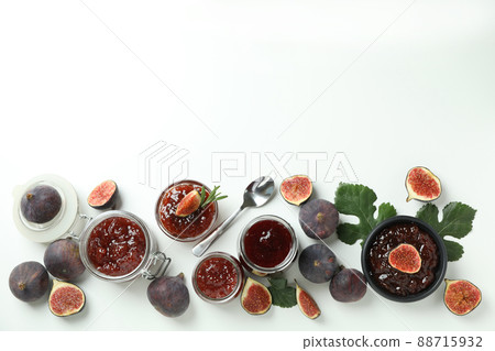 Concept of tasty food with fig jam on white background Concept of tasty food with fig jam on white background 88715932