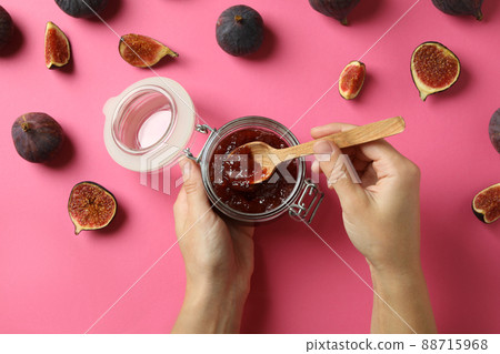 Concept of tasty food with fig jam on pink background 88715968