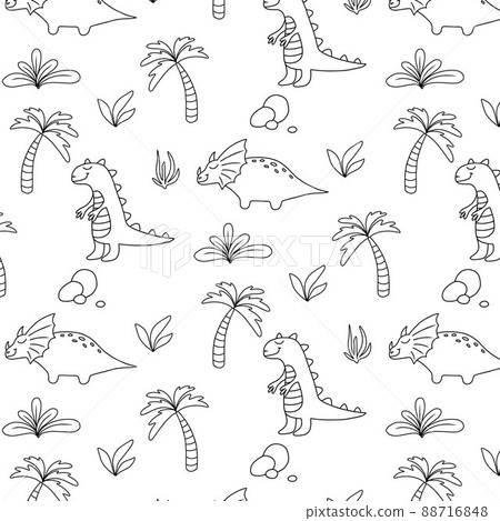 Childish seamless pattern with dinosaurs. Hand-drawn pattern with cute dino. Vector illustration. The pattern is suitable for fabrics, wrapping paper and prints. Doodle style. Childish seamless pattern with dinosaurs. Hand-drawn pattern with cute dino. Vector illustration. The pattern is suitable for fabrics, wrapping paper and prints. Doodle style. 88716848