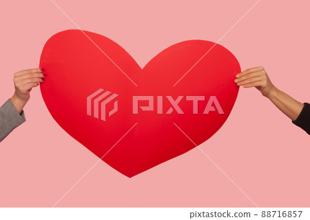 Portrait of two person hands holding big red paper heart, symbol of romantic love on Valentine's day, charity and generosity, cardiac healthcare. indoor studio shot isolated on pink background Portrait of two person hands holding big red paper heart, symbol of romantic love on Valentine's day, charity and generosity, cardiac healthcare. indoor studio shot isolated on pink background 88716857