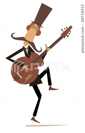 Cartoon long mustache guitarist is playing music illustration. Mustache man in the top hat playing guitar isolated on white background 88716913