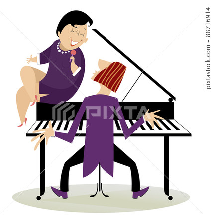 Singer woman and a pianist in the concert illustration. Pianist and singer woman sits on the piano, holds a microphone and sings isolated on white background 88716914