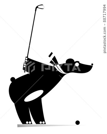 Cartoon bear plays golf illustration. Cartoon bear holds a golf club and trying to do a good kick black on white background Cartoon bear plays golf illustration. Cartoon bear holds a golf club and trying to do a good kick black on white background 88717994