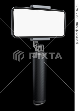 Realistic smartphone with blank white screen and selfie stick isolated on black 88718250