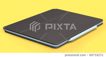 Computer tablet with brown cover case and pencil isolated on yellow background. Computer tablet with brown cover case and pencil isolated on yellow background. 88718251