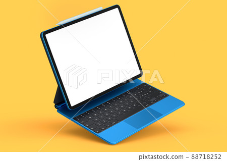 Computer tablet with keyboard and blank screen isolated on orange background. 88718252