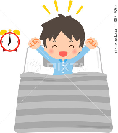 A smiling man who gets up and stretches on a futon 88719262