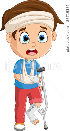 Cartoon little boy with broken arm and leg 88719385