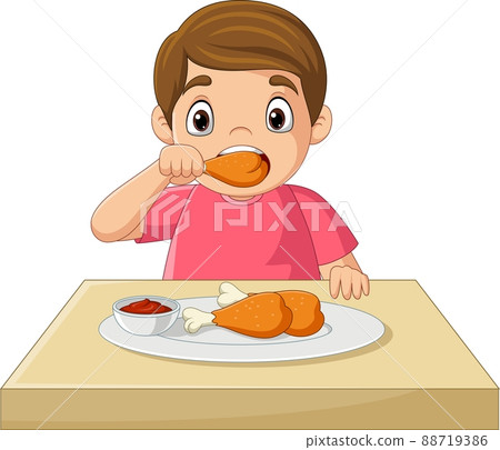 Cartoon little boy eating fried chicken Cartoon little boy eating fried chicken 88719386