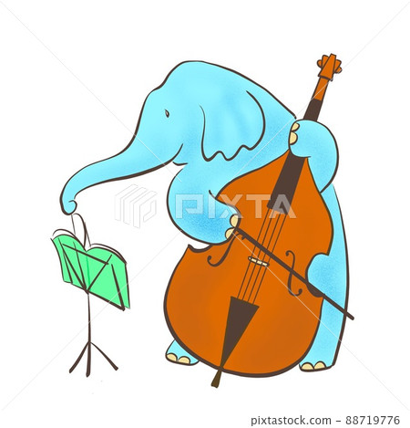 一頭大像用長鼻子翻閱樂譜，悠閒地演奏低音提琴的插圖 88719776