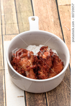 Fried chicken, steamed rice, Asian street food, on background Fried chicken, steamed rice, Asian street food, on background 88720057