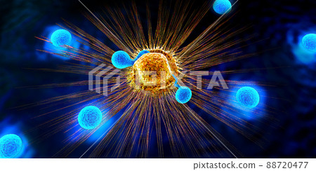 Lymphocytes cell in the immune system reacting and attacking a spreading cancer cell - 3d illustration 88720477
