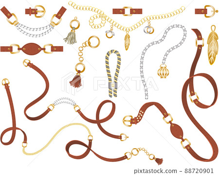 Set of belt elements, chain and braid, gold and silver links and fasteners for fabric design vector 88720901