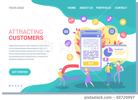 Team of marketers exploring customer base in mobile app. Attracting customers website template 88720997