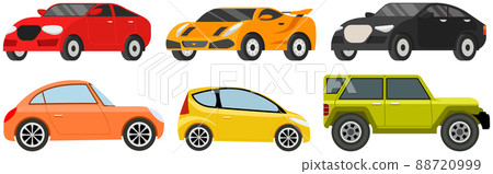 Big automobile set, car sedan. Urban transport. Colorful passenger cars, wheeled vehicle side view Big automobile set, car sedan. Urban transport. Colorful passenger cars, wheeled vehicle side view 88720999