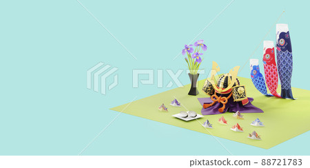Helmet decoration, carp streamer and Kashiwa mochi placed on a light blue background / Children's Day image with a copy space 88721783