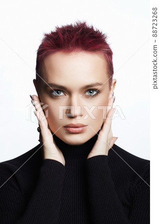 beautiful Girl with short color hair. portrait of beauty young woman beautiful Girl with short color hair. portrait of beauty young woman 88723268