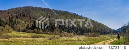 a hikers group in the carpathian mountains, national park Skolivski beskidy, Ukraine a hikers group in the carpathian mountains, national park Skolivski beskidy, Ukraine 88723448
