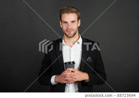 smiling lawyer drink morning coffee on black background smiling lawyer drink morning coffee on black background 88723694