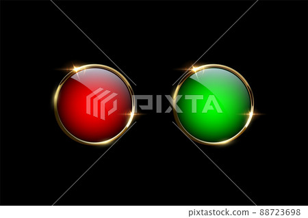 Red and green buttons with golden rings isolated on black background. Vector design elements. Red and green buttons with golden rings isolated on black background. Vector design elements. 88723698