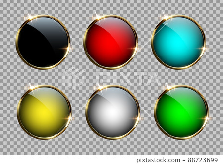 Different color buttons with golden rings isolated on transparent background. Vector design elements. Different color buttons with golden rings isolated on transparent background. Vector design elements. 88723699