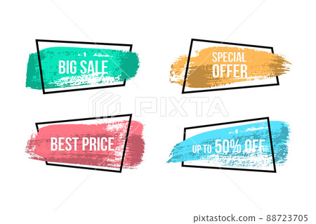 Set of Sale banners made of colored brush strokes and black frames. Vector design elements. 88723705