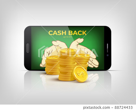 Cash back conceptual illustration. Vector smart phone with opened hands and stack of coins. 88724433