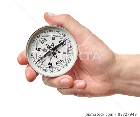 Hand holding traditional magnetic compass 88727949