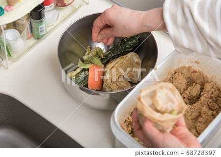 [Put the pickled edamame in a soup stock pack and take it out of the bran bed] 88728397